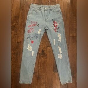 Embroidered Light Wash Distressed Women's Jeans